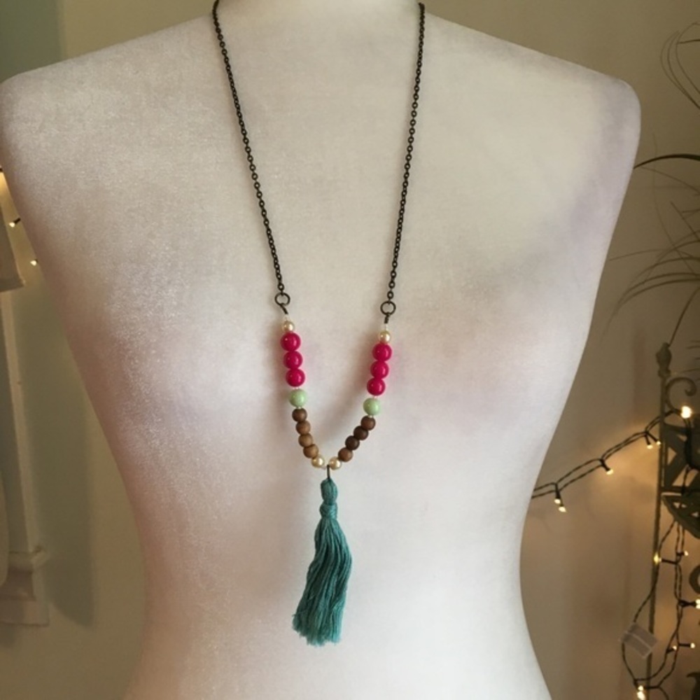 Boho Long Turquoise Tassel Beaded Necklace